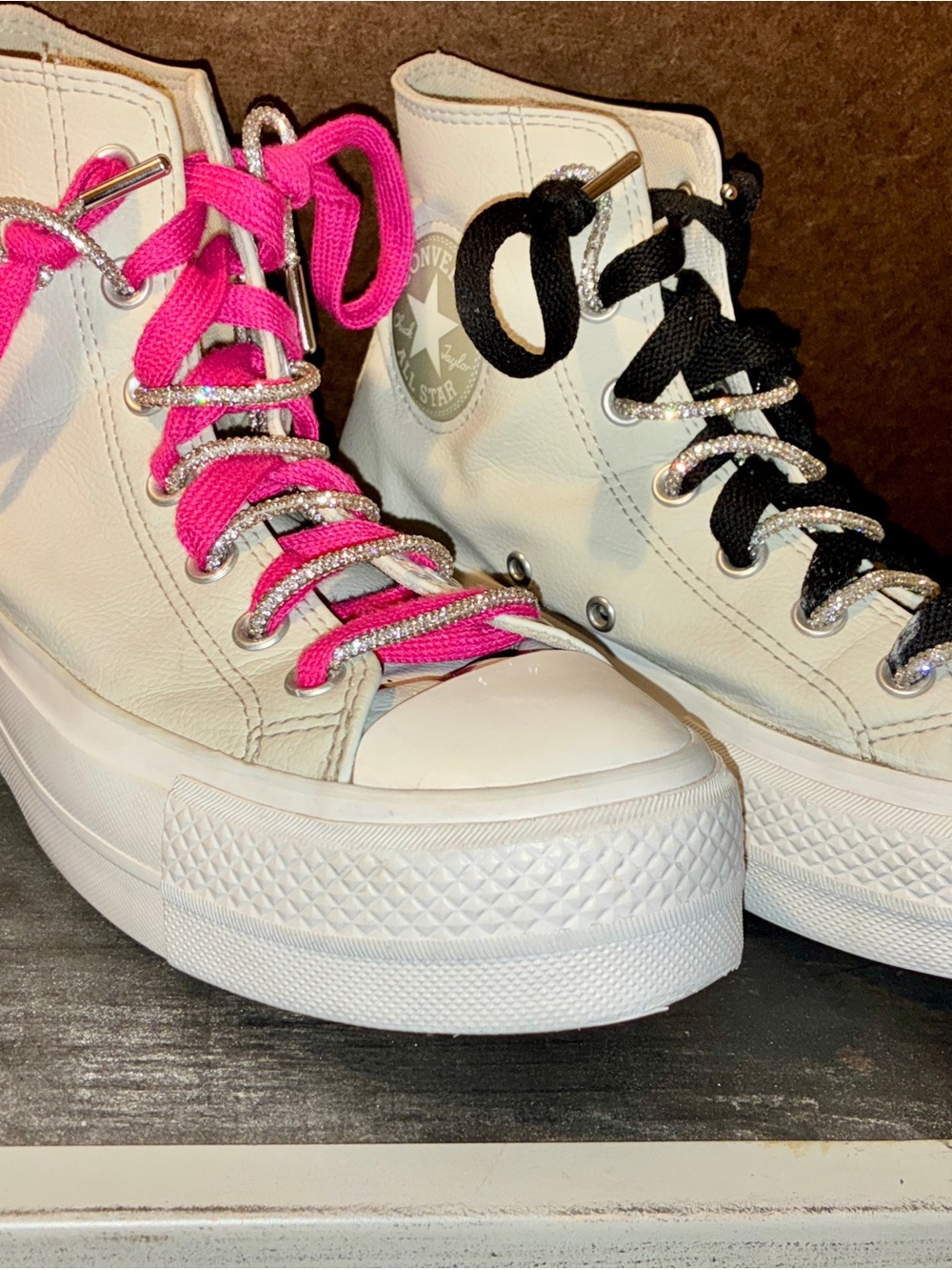 Converse Chuck Taylor All Star Lift Platform Leather White Custom Bling Size 8